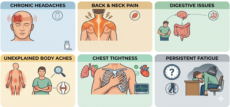 image1 Infographic with six panels listing symptoms: chronic headaches, back & neck pain, digestive issues, unexplained body aches, chest tightness, persistent fatigue.
