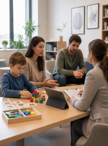 Picture4 A woman facilitator sits with a young boy at a table playing with wooden shapes while two adults observe and a tablet rests nearby.