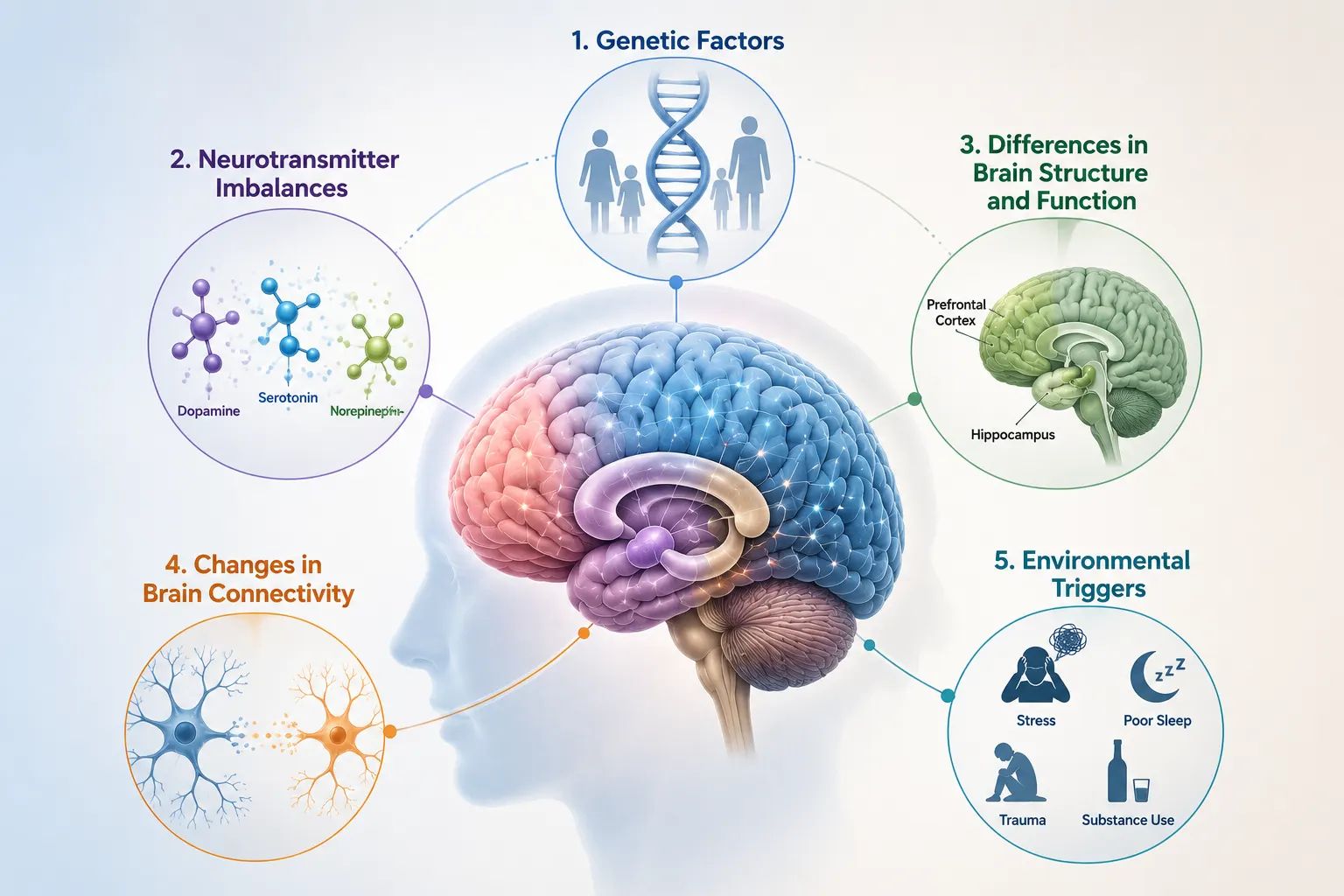 Brain infographic showing five factors: Genetics, neurotransmitters, brain structure and function, connectivity changes, and environmental triggers.